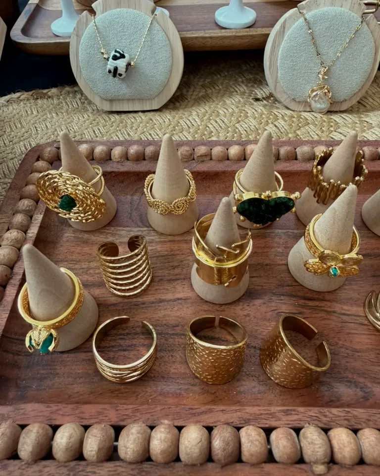 The KORA booth, with displays of rings and earrings.
