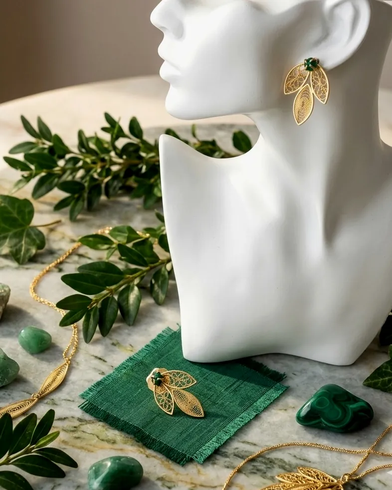 Aretes de hoja dorada sobre un busto blanco, rodeados de piedras verdes y hojas de hiedra.